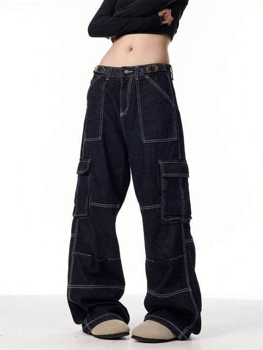Vintage Stripe Straight Cargo Jeans - Mubimart