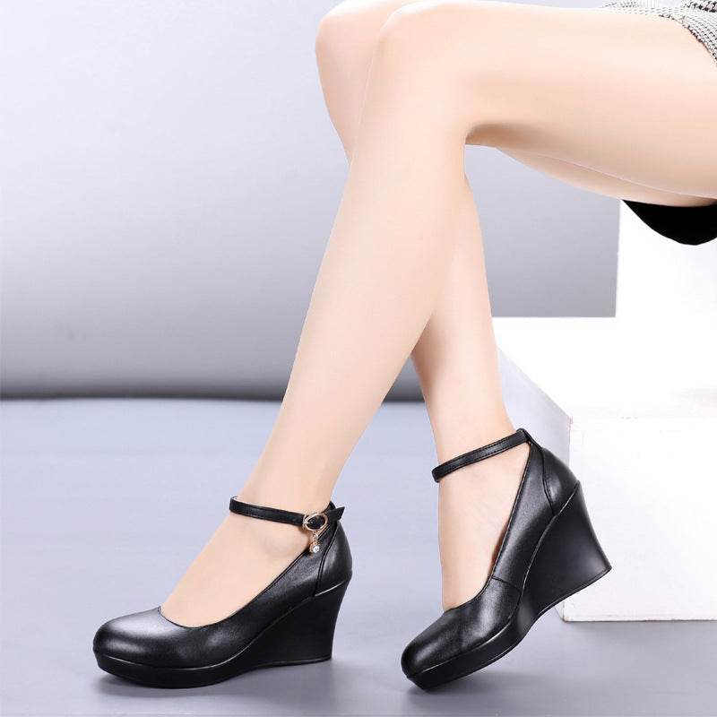 Fashion Ankle Strap High Wedges Platform Pumps For Women Casual Genuine Leather Black Work Shoes High Heels - Mubimart