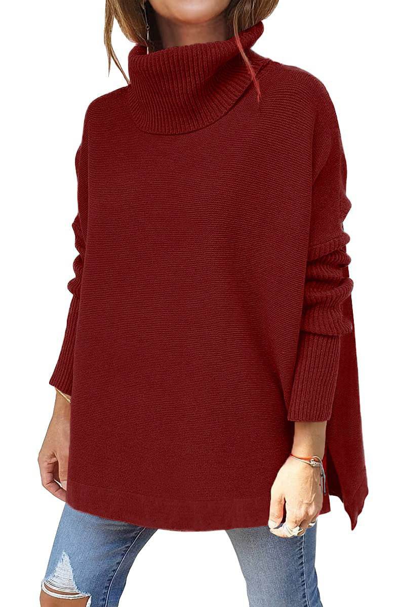 Turtleneck Sweater Mid Length Batwing Sleeve Slit Hem Tunic Pullover Sweaters Winter Tops Women Clothing - Mubimart