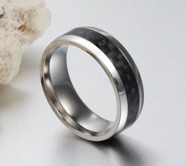 Black Carbon Fiber Inlay Men's Wedding Brand Ring Stainless Steel Jewelry Dropshopping 8mm - Mubimart