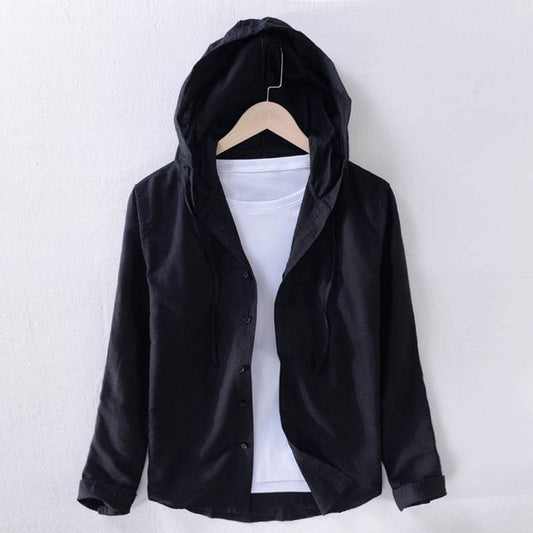 Cotton And Linen Casual Hooded Long-sleeved Shirt Artistic Youth Linen Shirt - Mubimart