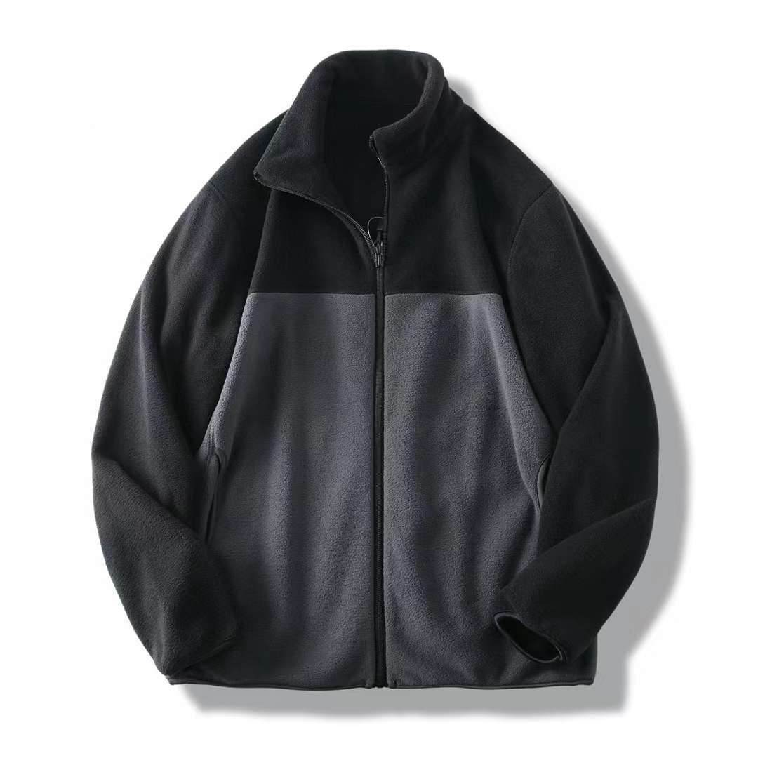 Polar Fleece Zipper Jacket Jacket Fleece Sweater Coat Color Contrast Patchwork - Mubimart