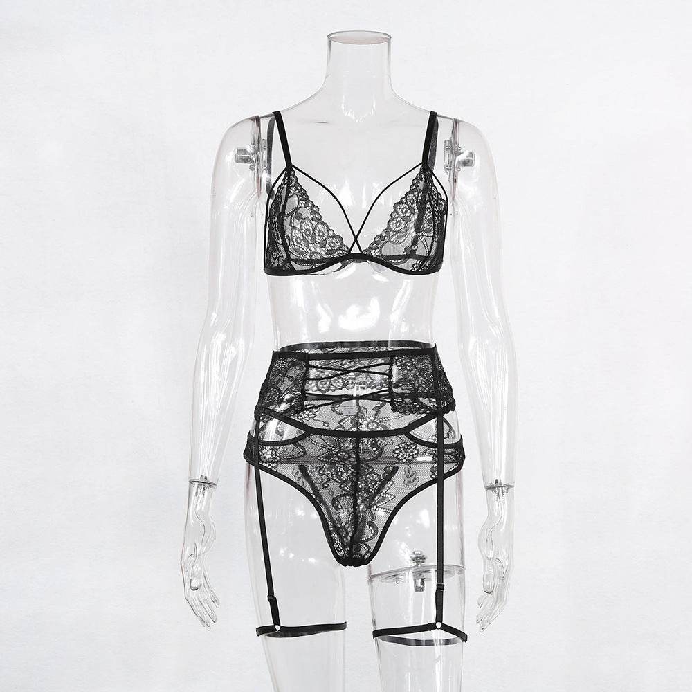 Three-Piece Sexy Lace Hollow Perspective Garter Belt - Mubimart