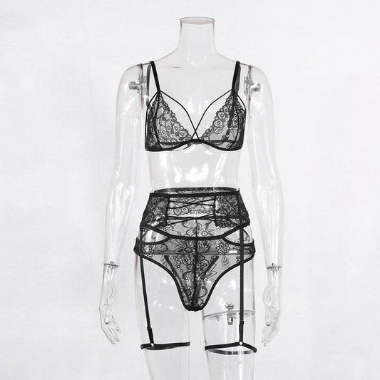 Three-Piece Sexy Lace Hollow Perspective Garter Belt - Mubimart