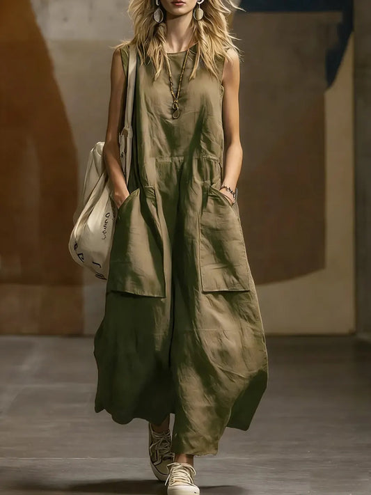 Womens Loose-Fitting Sleeveless Cotton-Linen Dress With Pockets