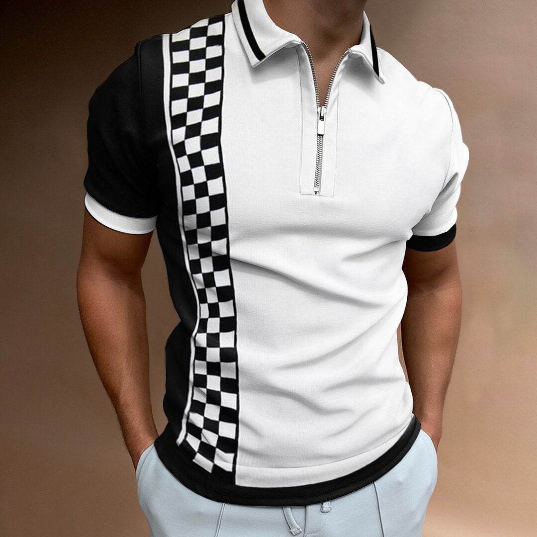 Check Texture Polo Shirt Men's Polo Shirt National Stitching Color Print - Mubimart