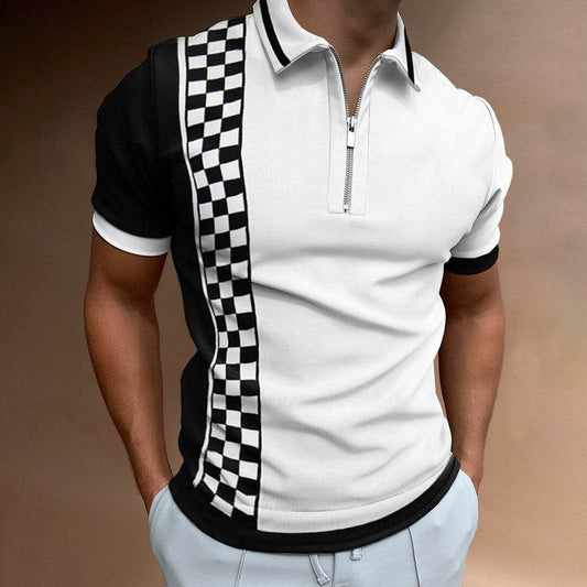 Check Texture Polo Shirt Men's Polo Shirt National Stitching Color Print - Mubimart