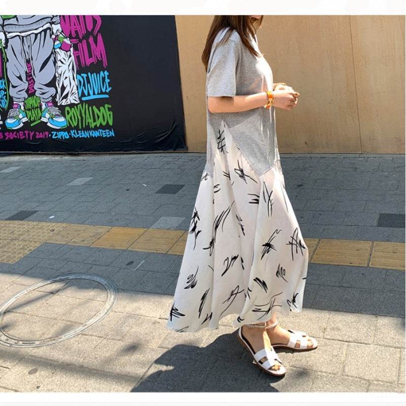 Summer Casual Plus Size Female Stitching Printing Dress - Mubimart