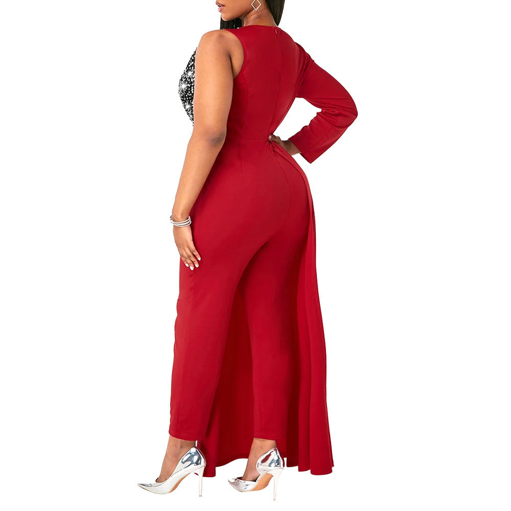 V-neck Sequin Covered Hip Plus Size Jumpsuit - Mubimart -  