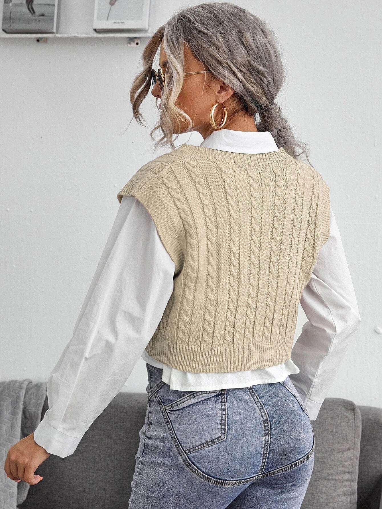 V-neck Knitted Vest Sweater Vest Sleeveless Waistcoat Women's Sweater Twist - Mubimart