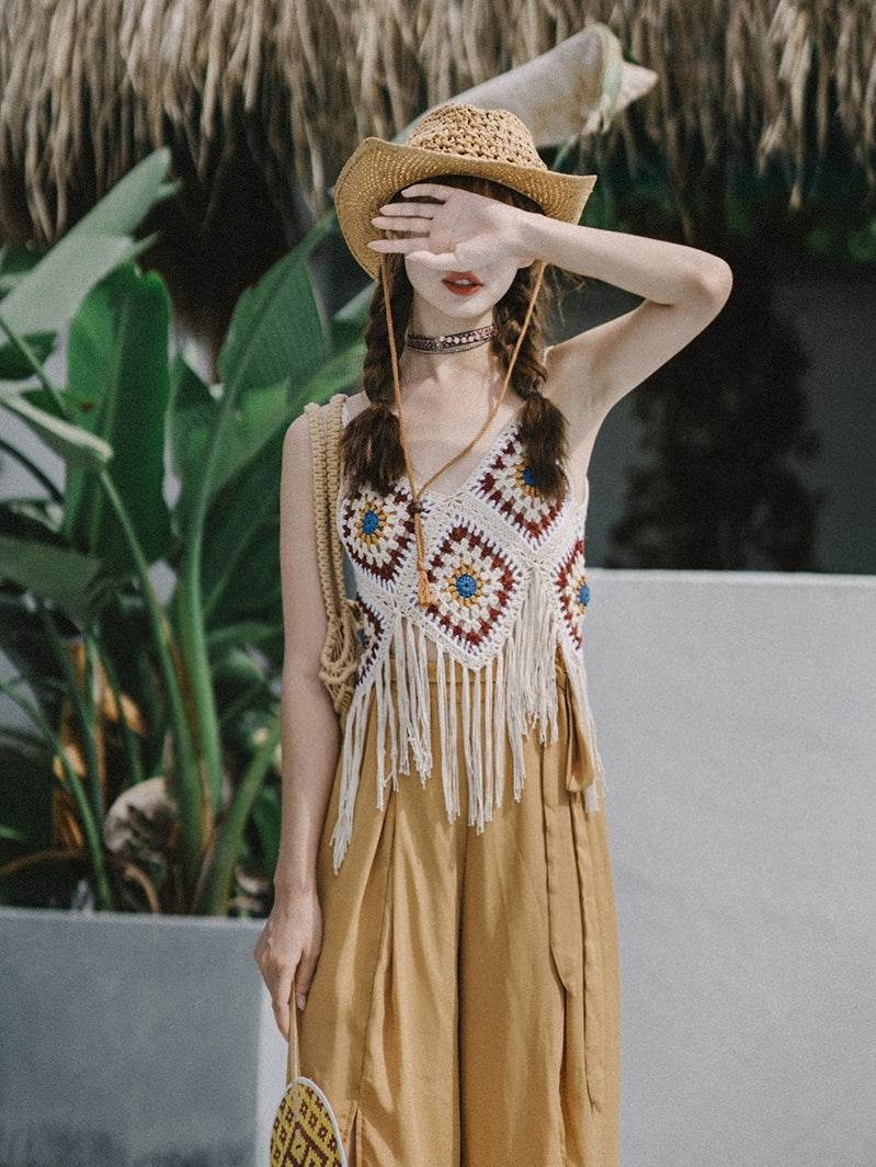 Bohemian Tassel Spaghetti-strap Camisole Top - Mubimart
