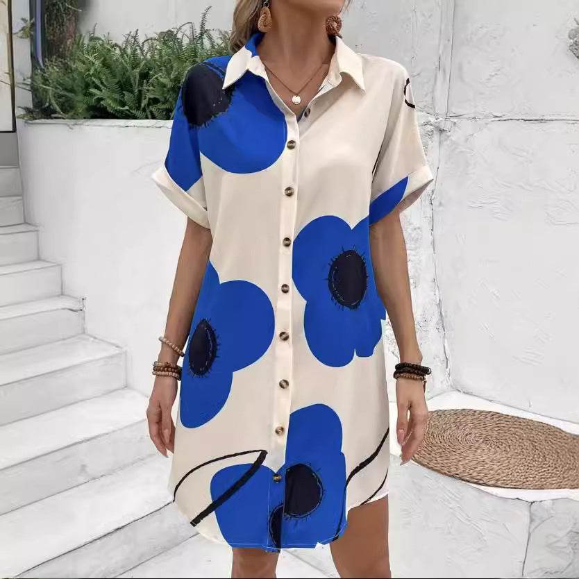 Plus Size Women's Printed Pleated Loose Shirt Dress - Mubimart