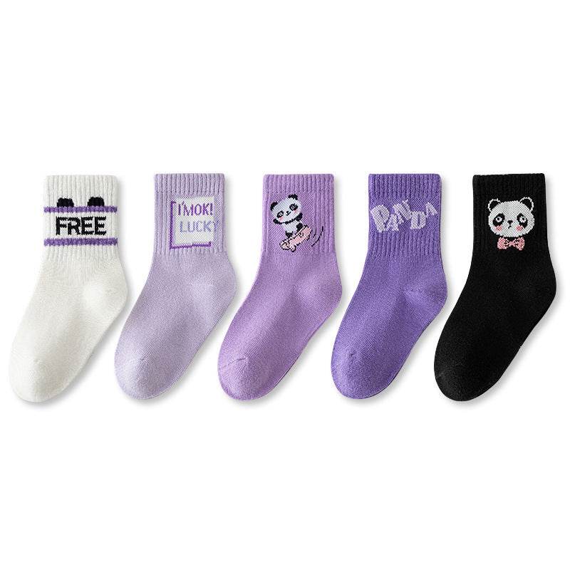 Autumn And Winter Purple Panda Cartoon Mid Tube Cotton Boys And Girls Athletic Socks - Mubimart