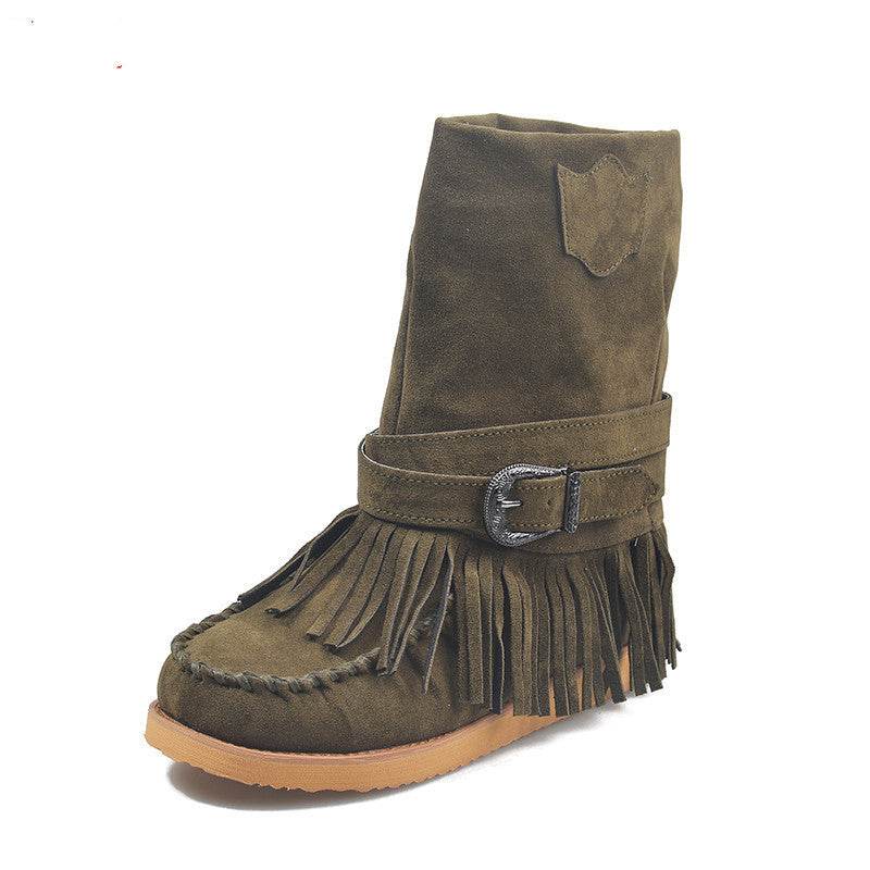 Fringe Middle Boots Women Sexy Tassel Boots Fashion Buckle - Mubimart