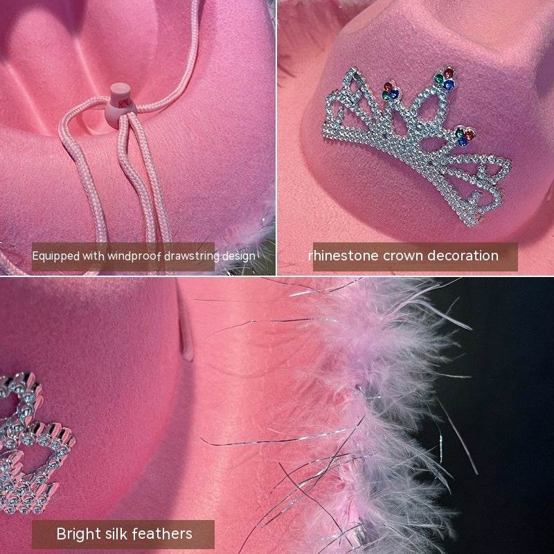 Western Denim Big Brim Sun-proof Rhinestone Crown Fedora Hat - Mubimart