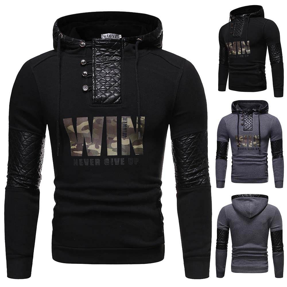 Pu Leather Patchwork Casual Hoodies - Mubimart