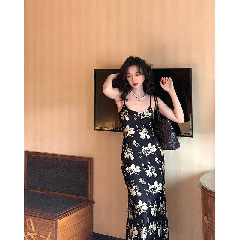 Printed Suspender Fishtail Midi Dress - Mubimart