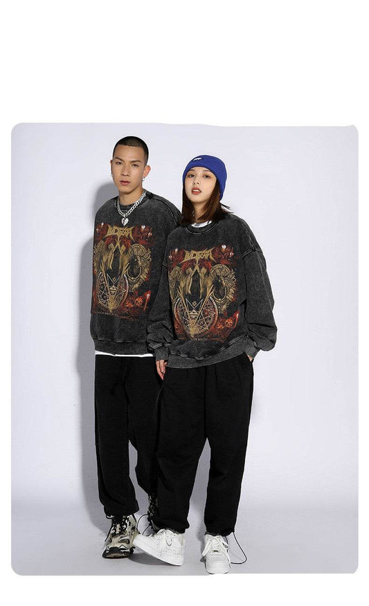 High Street Round Neck Sweater Mens Tide Brand Retro Wash Old Dark Print Loose - Mubimart