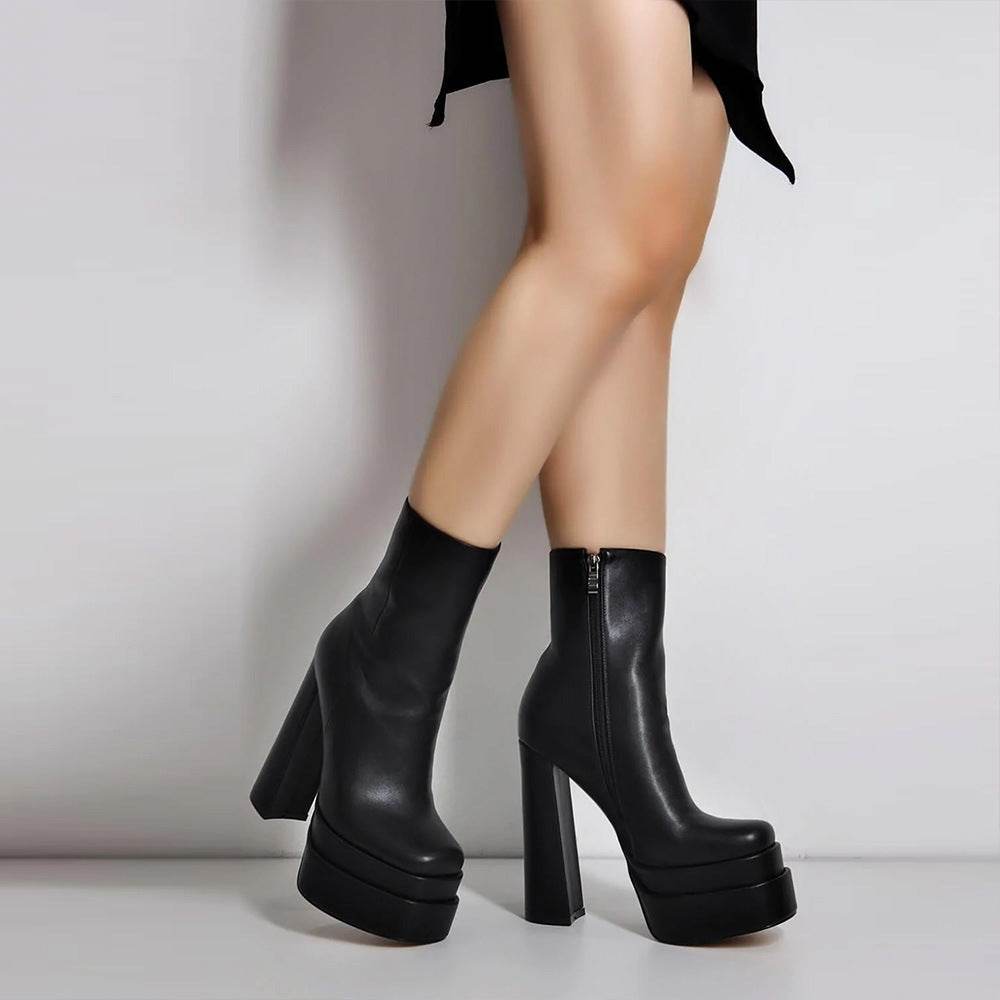 Ladies Ankle Boots Square Toe Double Layer Platform - Mubimart
