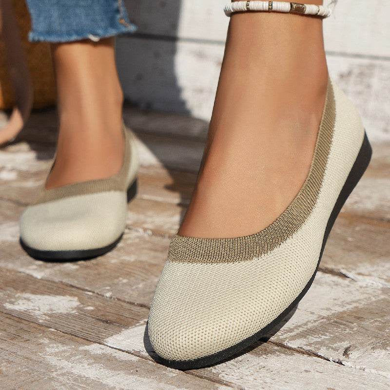 Knit Breathable Low-cut Pumps Flat Round Toe Slip-on Flying Woven Lazy Work Shoes - Mubimart