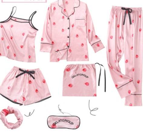Simulated Silk Striped Seven-piece Loungewear - Mubimart