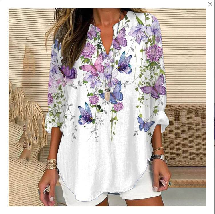 Loose Printed Neck Casual Plus Size Pullover - Mubimart