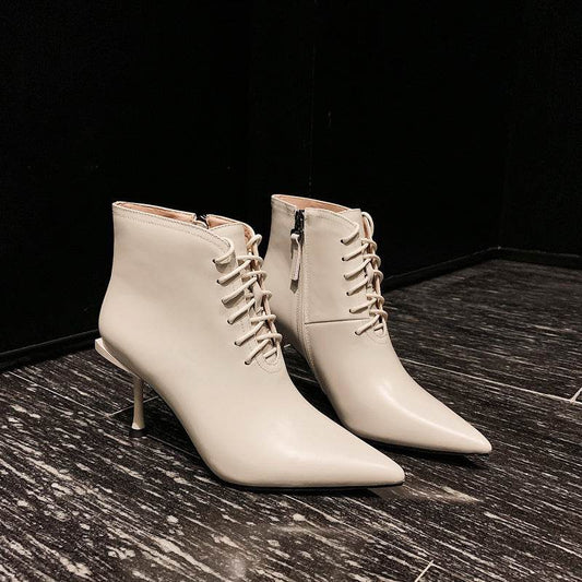 Pointed lace up booties - Mubimart