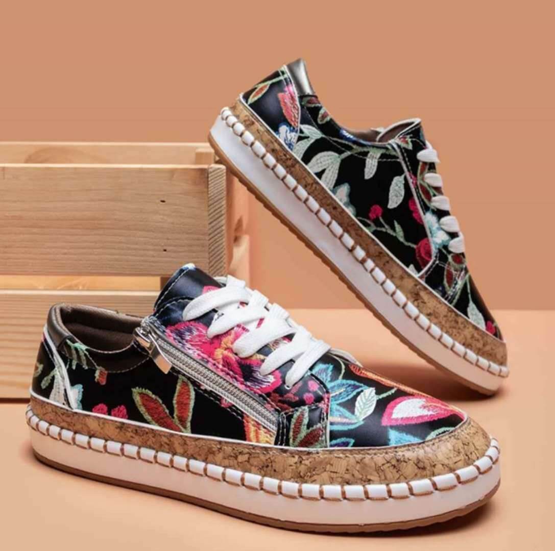 Ethnic Style Printed Flats Shoes Casual Side Zip Slip-on Shoes Loafers Women - Mubimart