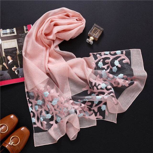 new brand women scarf fashion hollow Embroidery silk scarves lady shawls and wraps spring summer sunscreen beach stoles - Mubimart