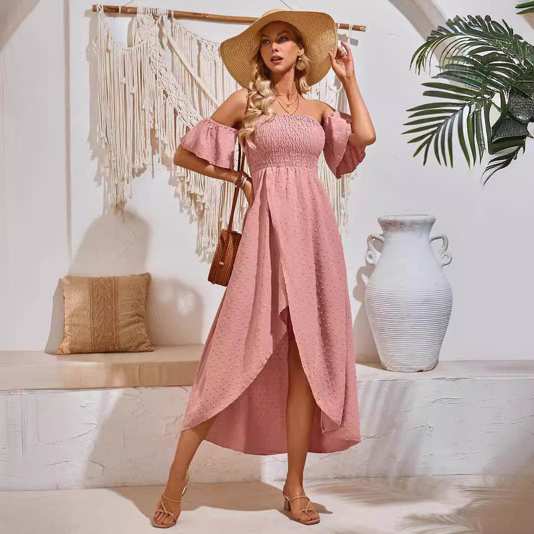 Sexy Off-shoulder Slit Dress Summer Fashion Pleated Ruffle Long Dresses For Beach Womens Clothing - Mubimart