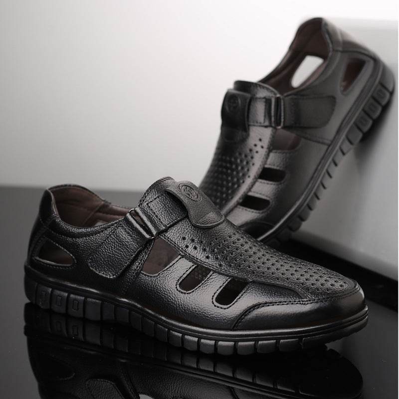 Men's leather hollow breathable sandals - Mubimart