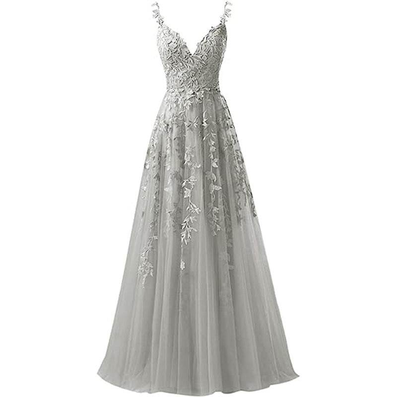 Evening Dress Suspender Style Long Tulle Lace For Prom - Mubimart