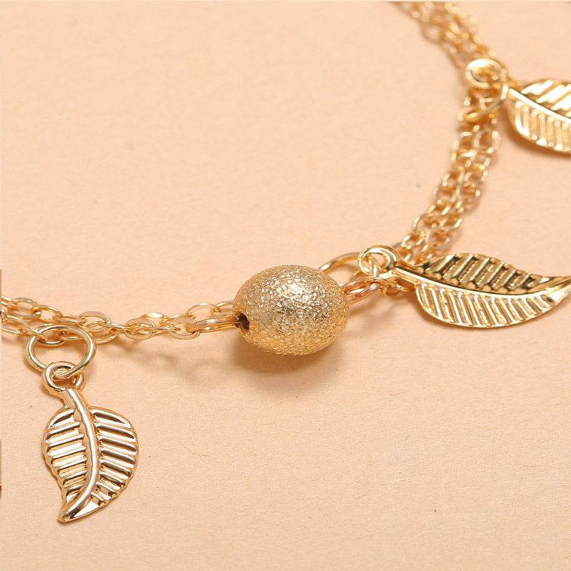 Frosted Round Beads, Small Leaves And Tassel Feet With Double-layer Anklets - Mubimart