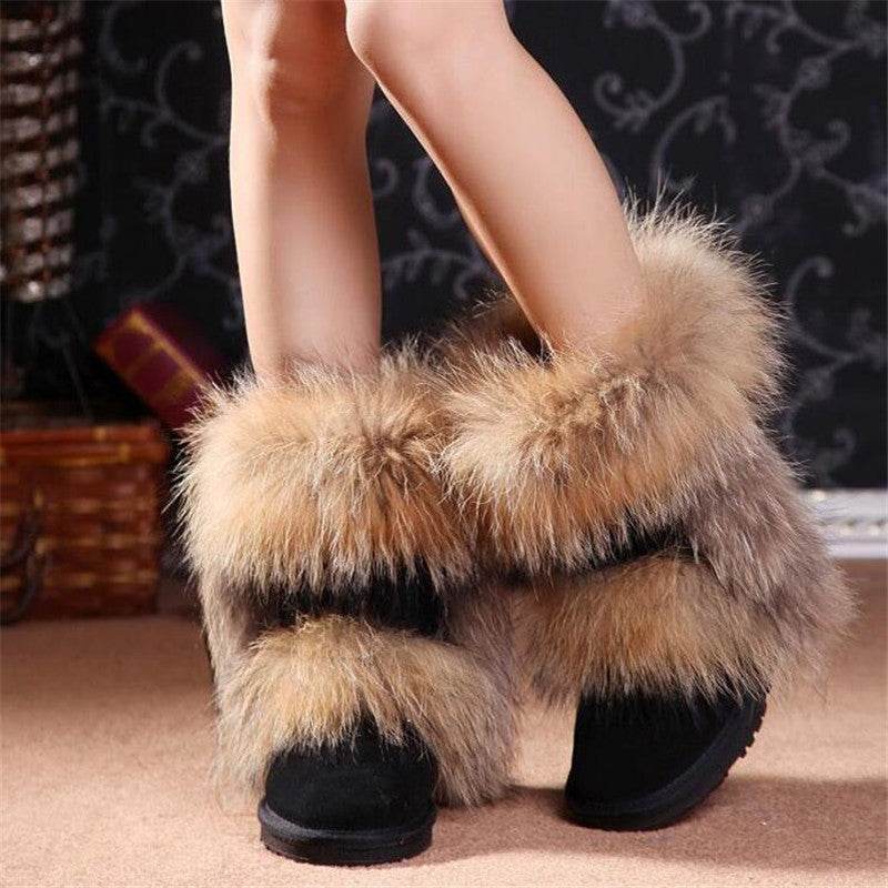 Women's Winter Mid-calf Fox Fur Snow Boots - Mubimart