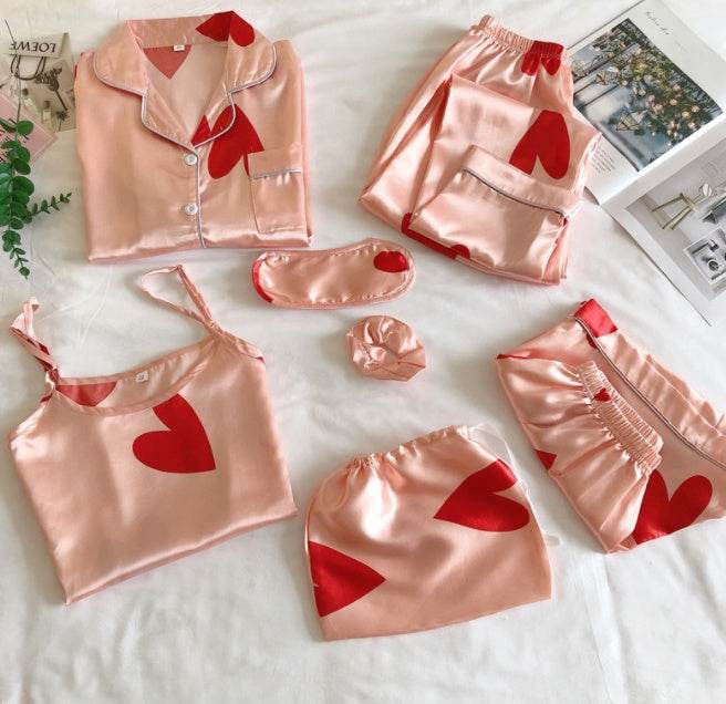Simulated Silk Striped Seven-piece Loungewear - Mubimart