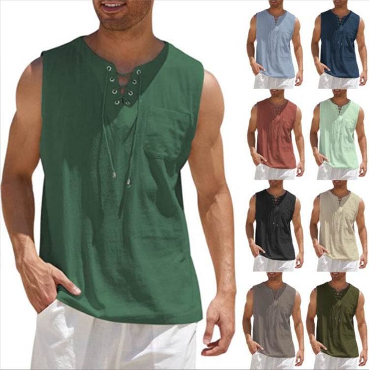 Summer Tank Vest Men Shirt Collar Tie Short Sleeve T-Shirt - Mubimart