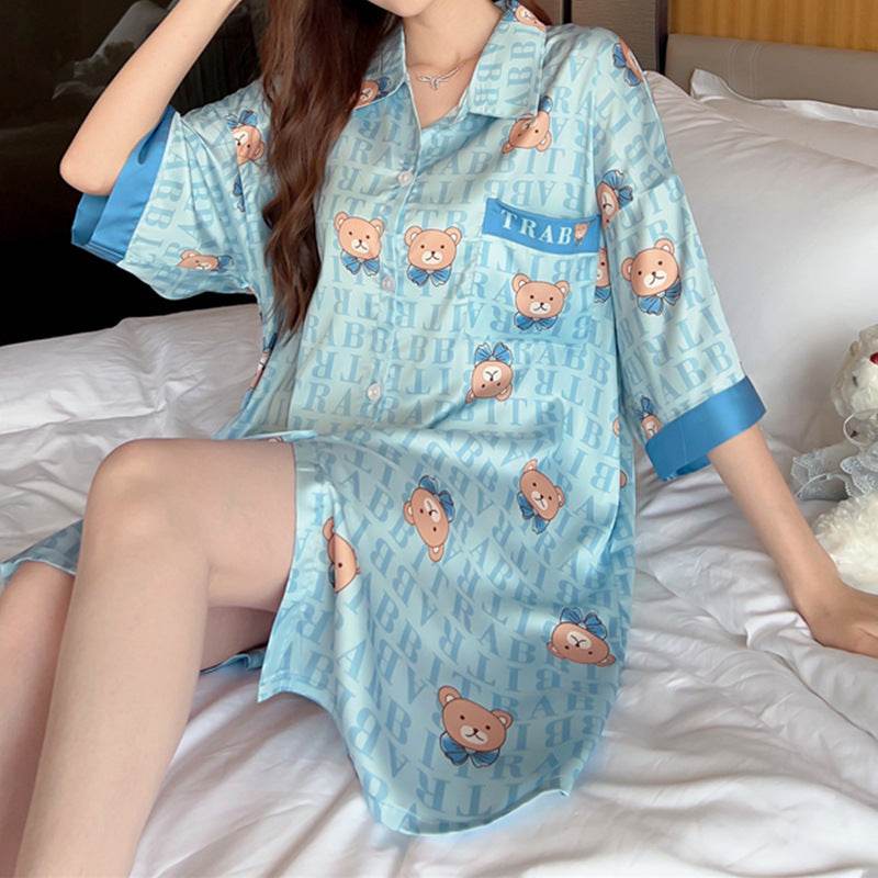 Striped Shirt Dress Short Sleeve Plus Size Loose Pajamas For Women - Mubimart
