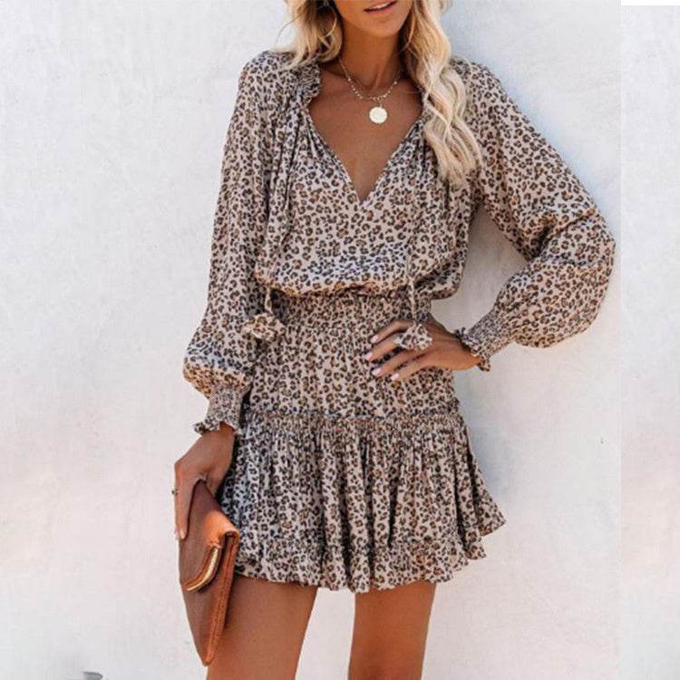 Flowers Print Long Sleeve Dress Fashion Patchwork Puff Sleeve Waist Dresses Womens Clothing - Mubimart