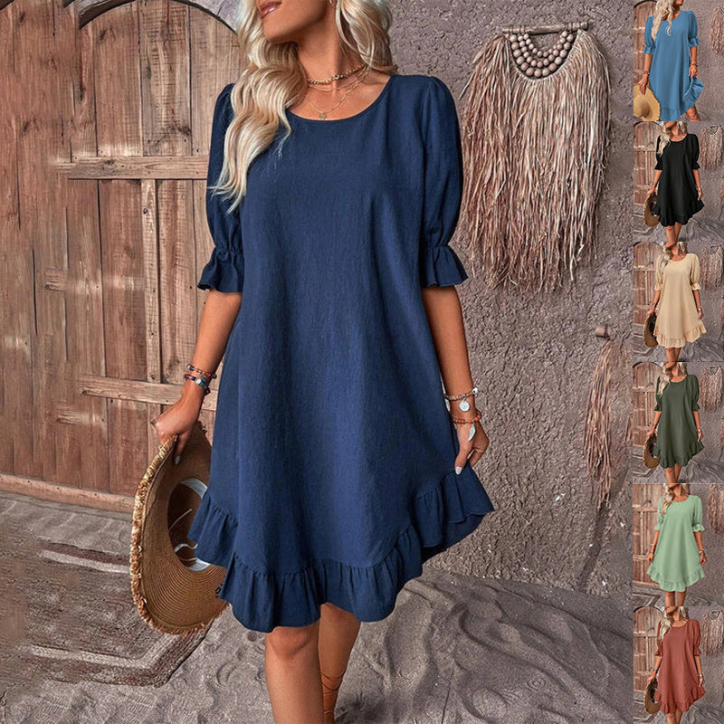 Fashion Ruffle Short-sleeved Dress Summer Solid Color Round Neck Loose Straight Dresses Womens Clothing - Mubimart - Camisole Dress 