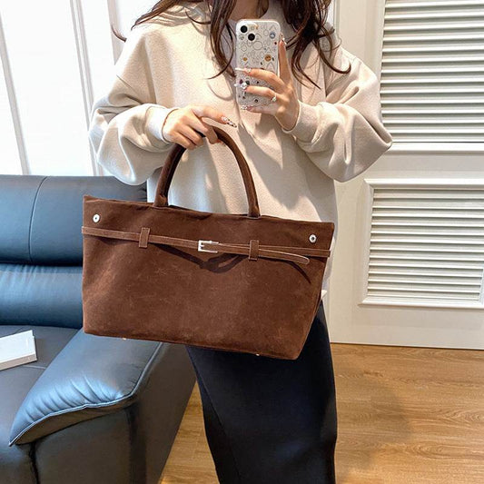 2025 Hot Sale Decorative Design Solid Faux Suede Handbag Large Capacity Casual Tote Bags For Women Tote Design Portable Shoulder Bag - Mubimart
