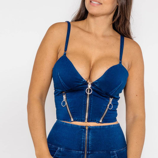 Shascullfites Melody Shapers Dark Blue Denim Camis Zippers Crop Top Women Slim Fit Tops Sleeveless Straps Tank Top - Mubimart