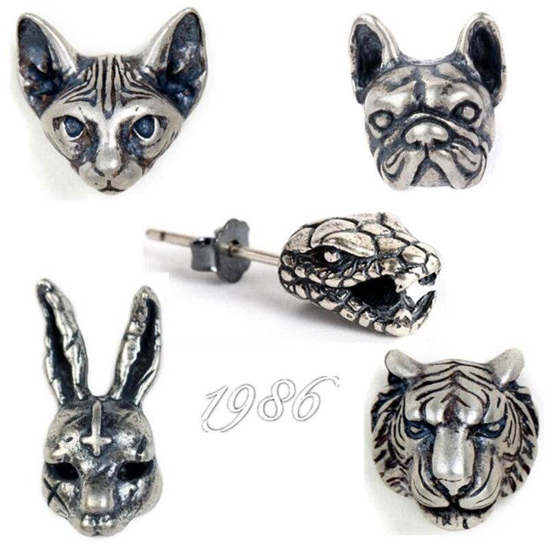 Dark Series S925 Silver Retro Stereo Animal Earrings For Men And Women Tiger Rabbit Shapi Dog Hairless Cat Earrings - Mubimart