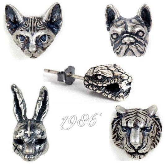 Dark Series S925 Silver Retro Stereo Animal Earrings For Men And Women Tiger Rabbit Shapi Dog Hairless Cat Earrings - Mubimart
