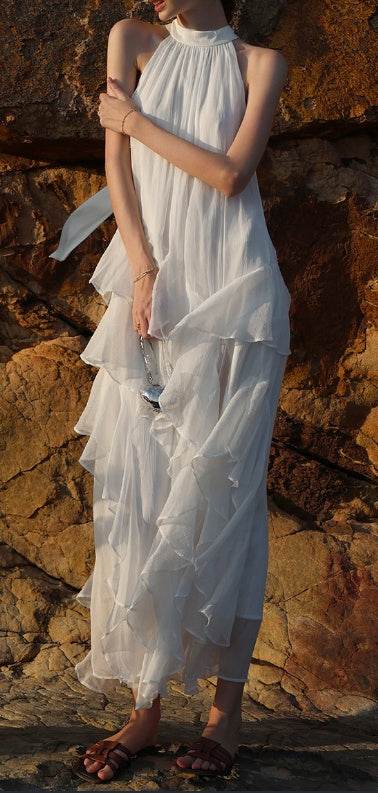 Elegant Halterneck Ruffled Maxi Dress - Mubimart
