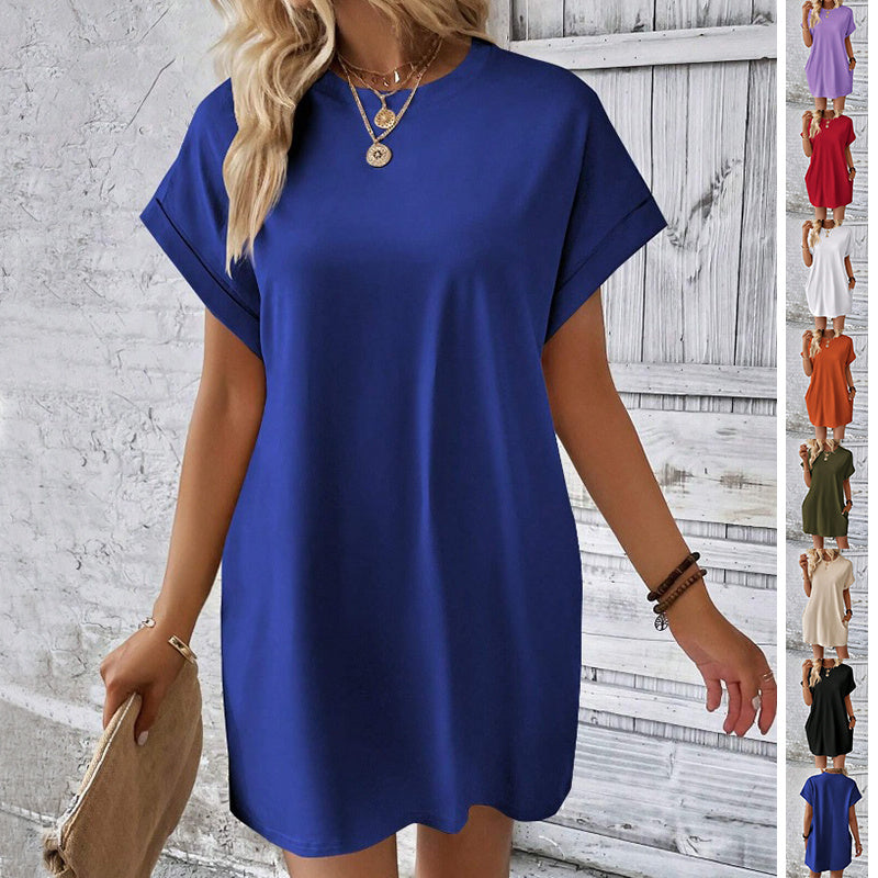 Loose Short Sleeve Dress With Pockets Summer Casual Solid Color Round Neck Straight Dresses Womens Clothing - Mubimart - Camisole Dress 