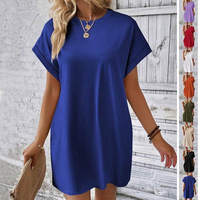 Loose Short Sleeve Dress With Pockets Summer Casual Solid Color Round Neck Straight Dresses Womens Clothing - Mubimart