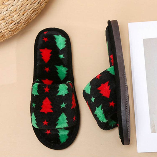 Christmas Tree Home Slippers Fashion Floor Bedroom Open-toe Plush Slippers For Women Fuzzy House Shoes - Mubimart