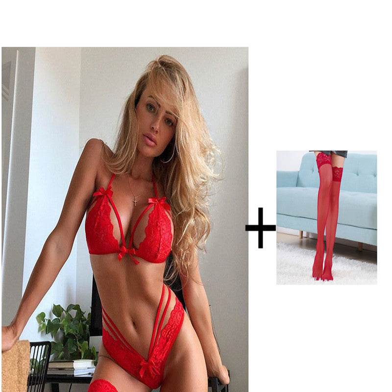 Bowknot lace sexy lingerie set - Mubimart