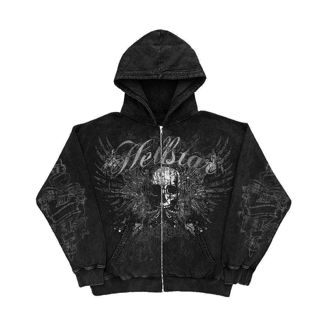 Female American Skeleton Printed Zipper Hoodie - Mubimart