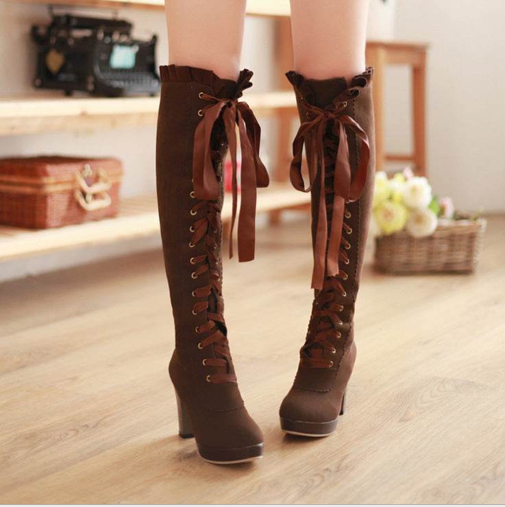Velvet Strappy High Heels Tall Boots For Women - Mubimart
